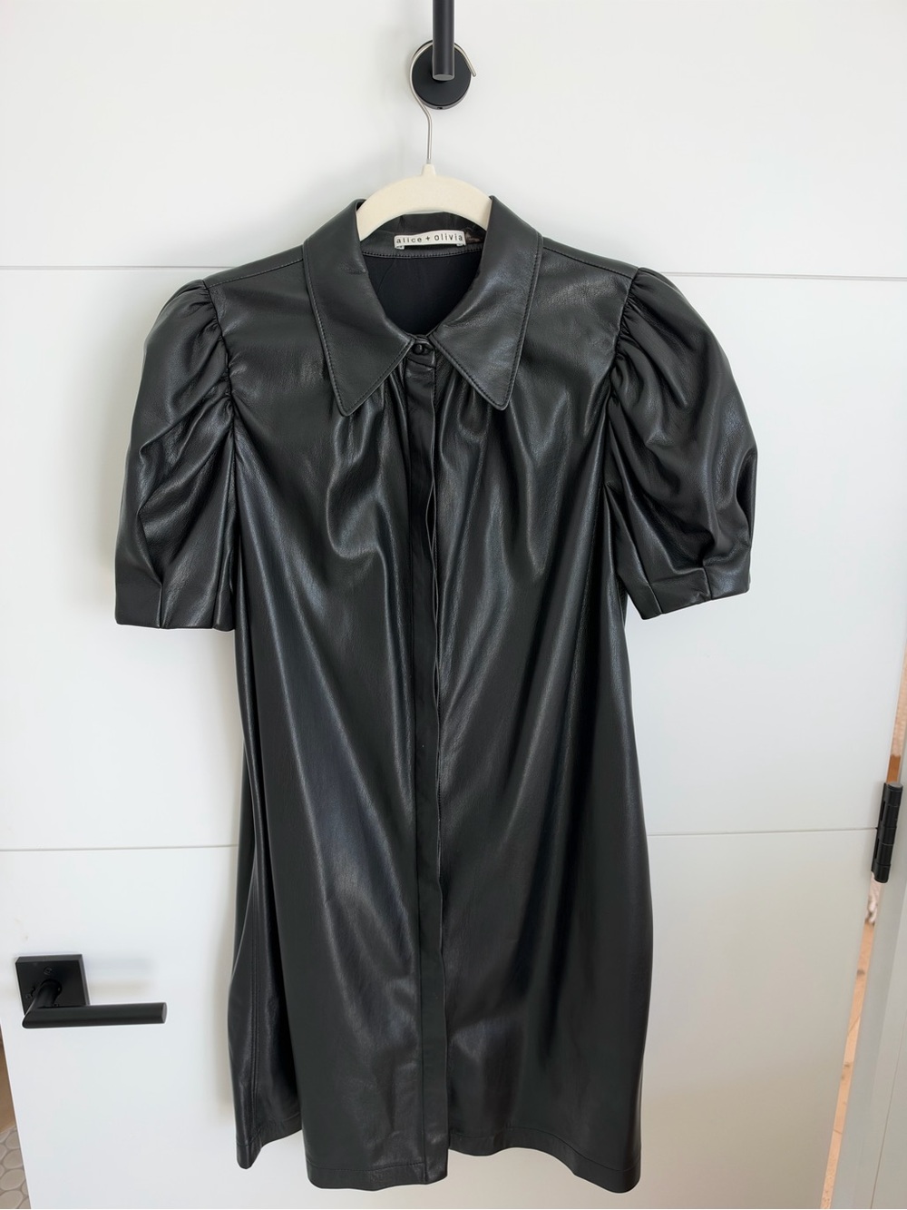 Alice + Olivia Black Faux Leather Puff-Sleeve Shirt Dress